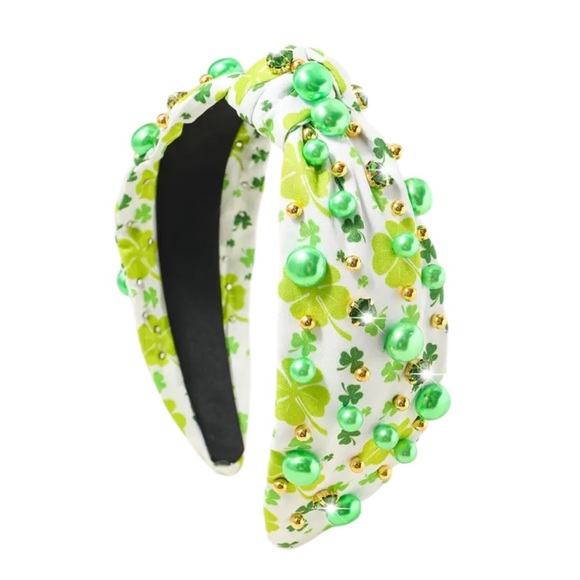 Whimsy_and_Lily Accessories - Green & Gold Beaded Light Green Shamrock Headband